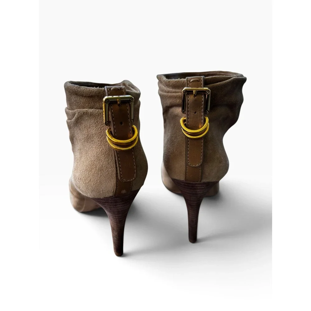 Tory Burch 8.5 Suede Ankle Boots Tan Slouchy Stiletto Gold Buckle Booties